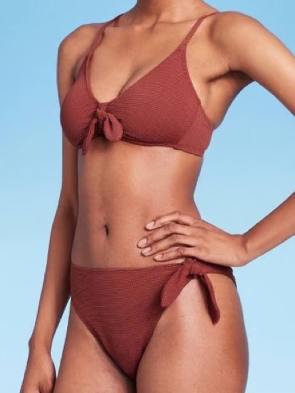 Wild Fable Textured High Waist Cheeky Tie Front Brown 2 Piece Bikini Swimsuit